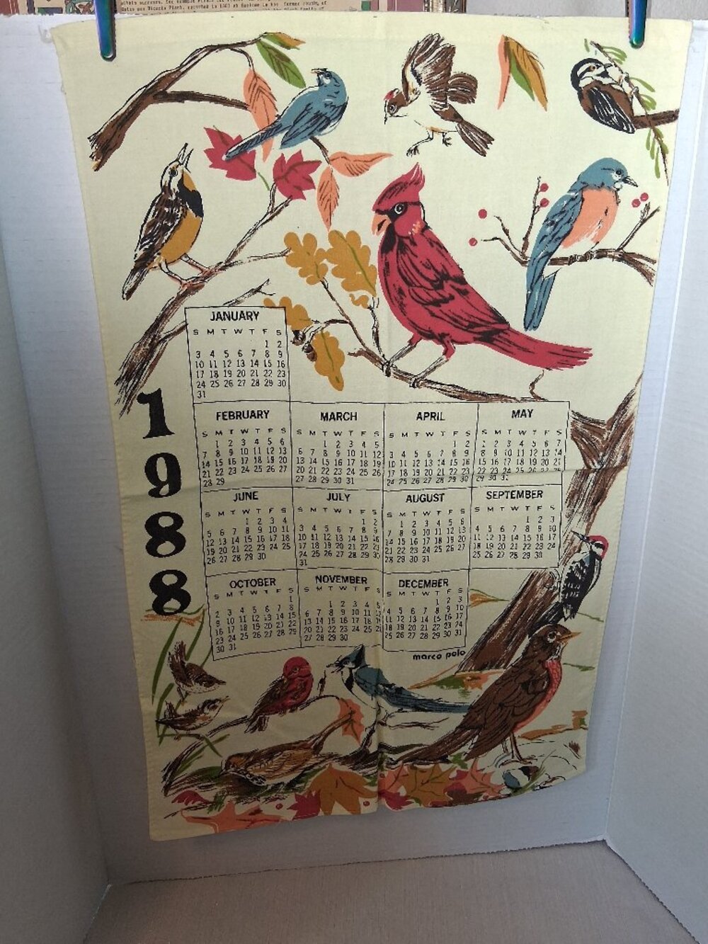 Vintage 1988 Birds Calendar Linen Cotton Wall Cloth Tea Towel 16"x24" Marc Polo